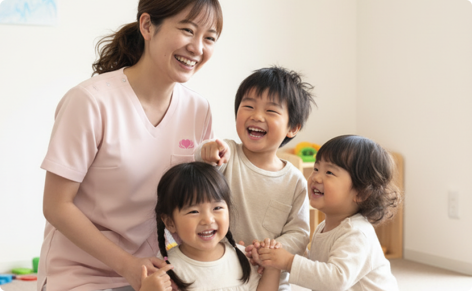 子供たちに囲まれる女性看護師の写真